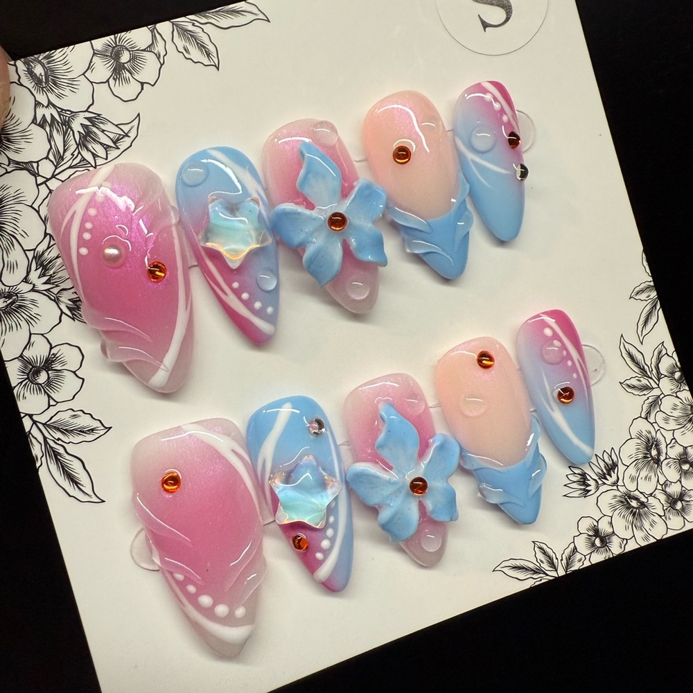 3D Starfish Pink and Blue Press On Nails